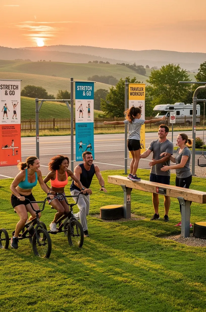 Группа путешественников выполняет комплекс упражнений на свежем воздухе рядом с остановкой для отдыха